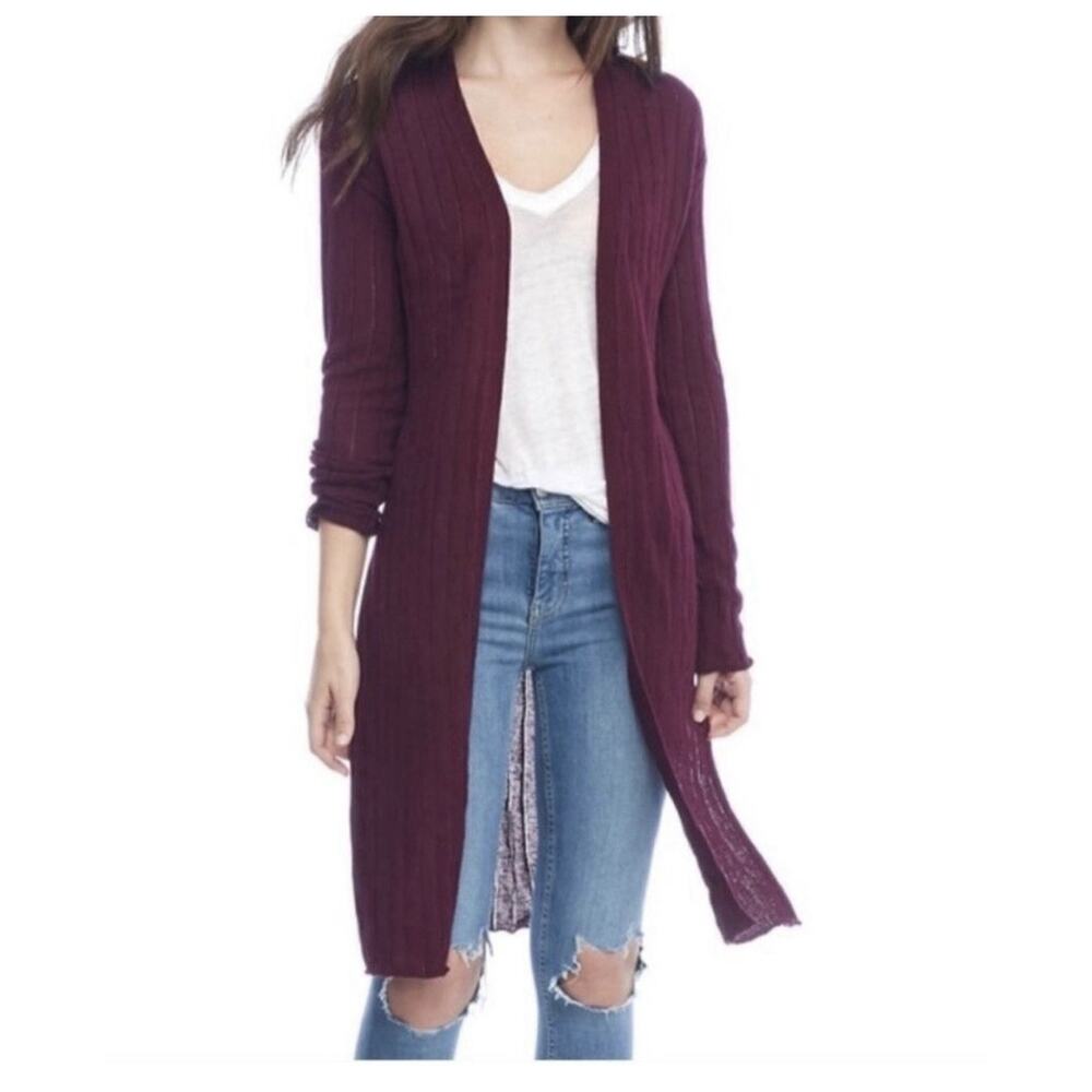 Free People Ribbed Longline Duster Cardigan S Linen Blend Plum Purple - Picture 5 of 9
